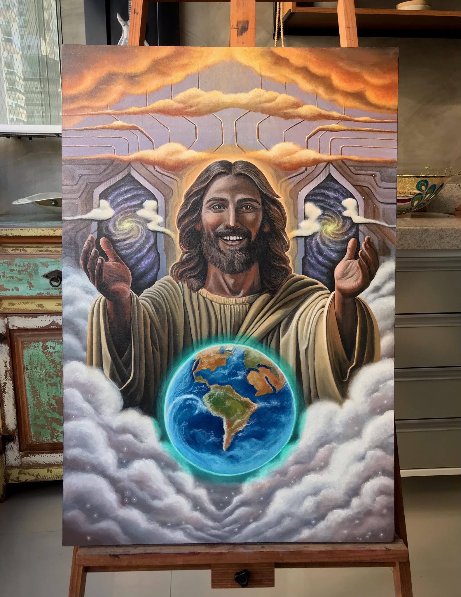 O Cristo Cósmico
Técnica: acrílica sobre tela. 
Dimensão: 60x90cm
Ano: 2025
